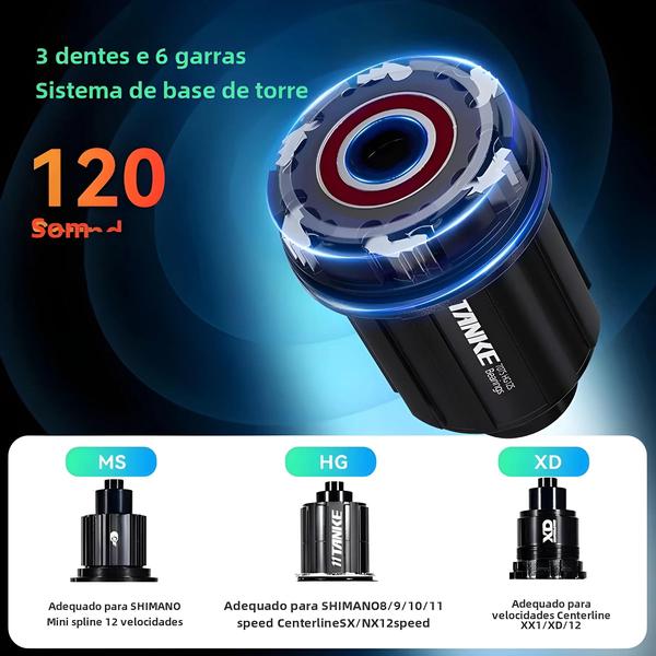 Imagem de Hub de 120 Cliques para MTB - 6 Rolamentos - Eixo Passante QR - Freio a Disco 28"