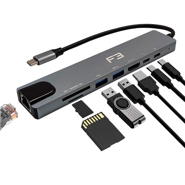 Imagem de Hub F3 Adaptador Type-c 8 em 1, para HDMI, Type-c, USB 3.0, USB 2.0, Micro SD SDe LAN - JC-TYC-860