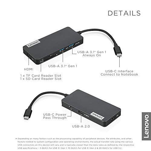 Imagem de Hub Lenovo USB-C 7-em-1, com porta de carregamento usb-C laptop, USB 3.1, USB 2.0, HDMI, Leitor de Cartão TF, Leitor de Cartão SD, GX90T77924, Cinza Ferro