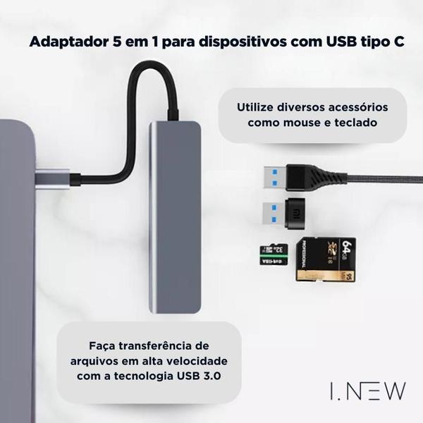 Imagem de Hub Otg Adaptador 5 em 1 PARA iPhone 15 - iPad PRO com USBC - iPad Air 4 - iPad Air 5 - iPad mini 6 e MacBook Air e MacBook Pro