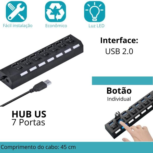 Imagem de Hub USB 2.0 7 Portas com Led e Switch  Conecte Vários Dispositivos