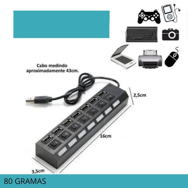 Imagem de Hub USB 2.0 7 Portas com Switch  Ideal para Escritorios e Home Offices