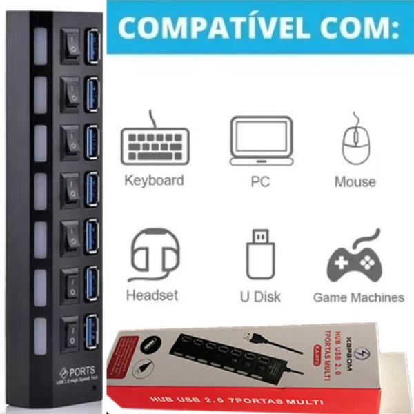 Imagem de Hub USB 2.0 com 7 Portas  Expansão de Conexões para Dispositivos Diversos