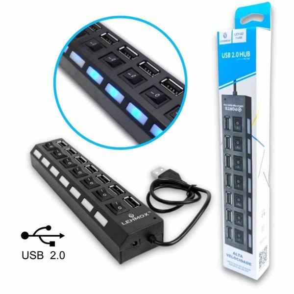 Hub Usb 2.0 Com 7 Portas Switch On/off E Led Indicador - Lehmox Imagem de Hub Usb 2.0 Com 7 Portas Switch On/off E Led Indicador - Lehmox