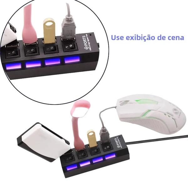 Imagem de Hub USB 2.0 de 4/7 Portas com Adaptador de Alimentação - Expansor Multidivisor para PC com Interruptor