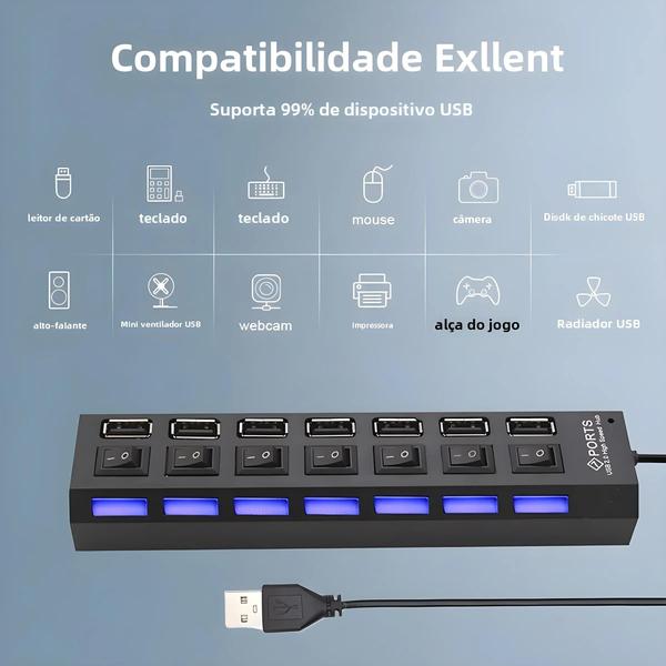 Imagem de Hub USB 2.0 de 7 Portas - Expansor para PC, Laptop e Desktop