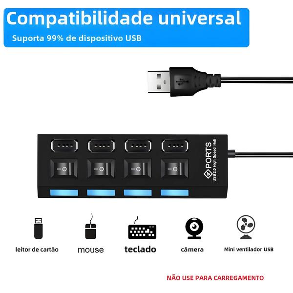 Imagem de Hub USB 2.0 de Alta Velocidade com 4/7 Portas - Adaptador para PC e Laptop