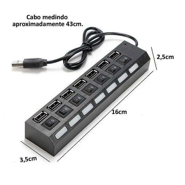 Hub USB 2.0 Extensor USB 7 Portas Switch On/Off Led Indicador