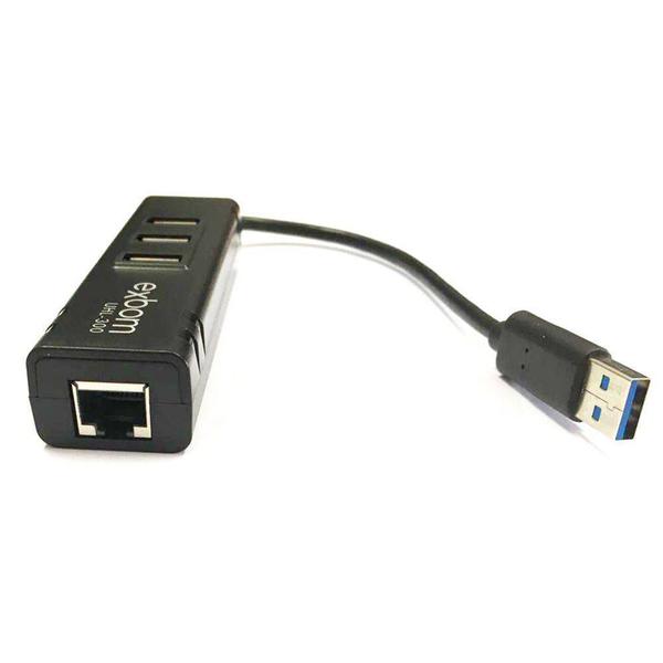 Imagem de Hub USB 3.0 3 portas + Adaptador USB Para Rj-45 Placa De Rede Externa 10/100/1000 Mbps Exbom Uhl-300