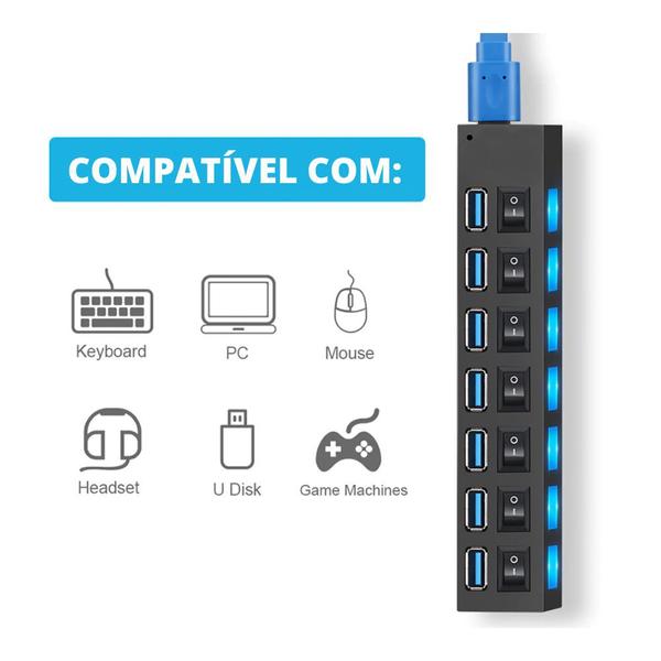 Imagem de HUB USB 3.0 - 7 Portas Extensor Para PC HD Externo Pendrive