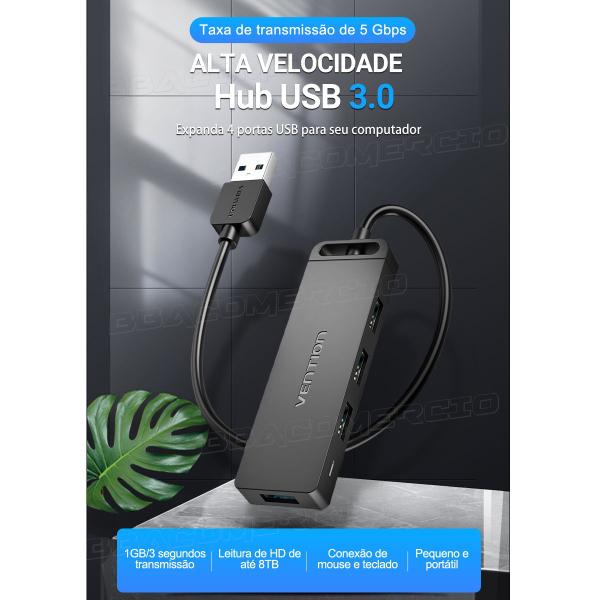 Imagem de Hub Usb 3.0 c/ 4 Portas 5gbps Micro Usb Auxiliar Vention 1m