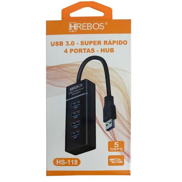 Imagem de Hub Usb 3.0 - Super Rapido 4 Portas Hs-118 Hrebos preto