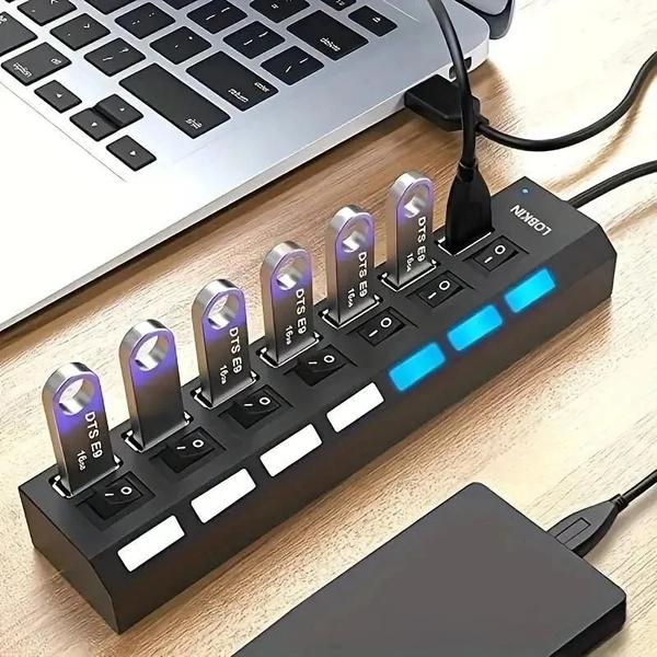 Imagem de Hub USB 4/7 Portas Alta Velocidade com LED - Adaptador para PC e Laptop