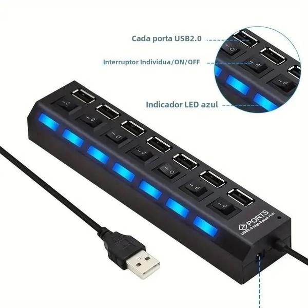 Imagem de Hub USB 4/7 Portas Alta Velocidade com LED - Adaptador para PC e Laptop