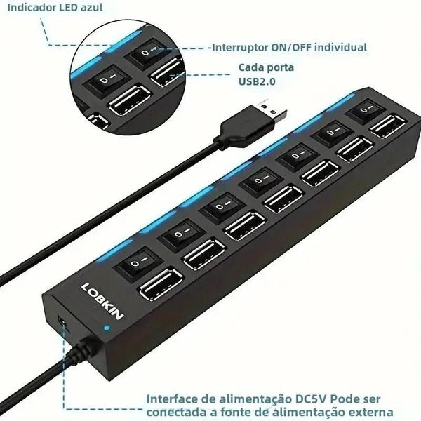 Imagem de Hub USB 4/7 Portas Alta Velocidade com LED - Adaptador para PC e Laptop