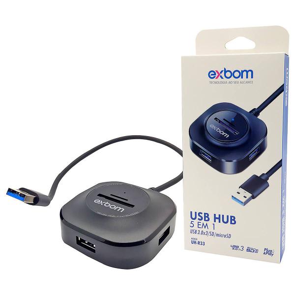 Imagem de HUB USB 5 em 1 com 3 Portas USB 3.0 + Leitor de Cartão microSD + Leitor de Cartão SD UH-R33 Exbom