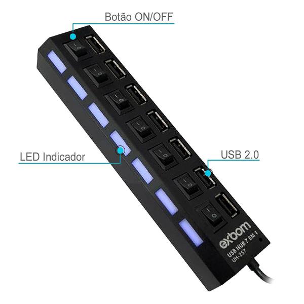 Imagem de Hub USB 7 Portas 2.0 com Botões ON/OFF e LEDs Individuais Exbom UH-2S7