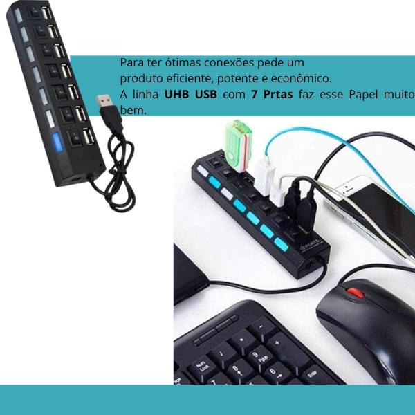 Imagem de Hub USB 7 Portas com Switch e LED  Cabo Extensor para PC