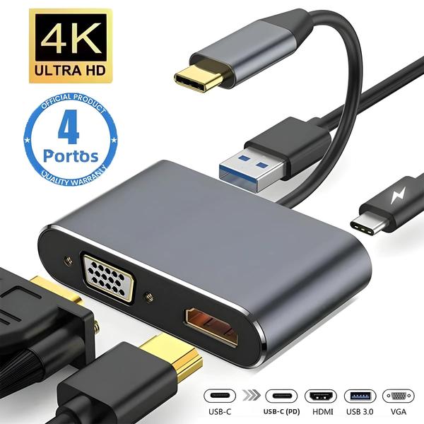 Imagem de Hub USB-C 4 em 1 4K - Adaptador HDMI, VGA, USB 3.0 e PD para Macbook