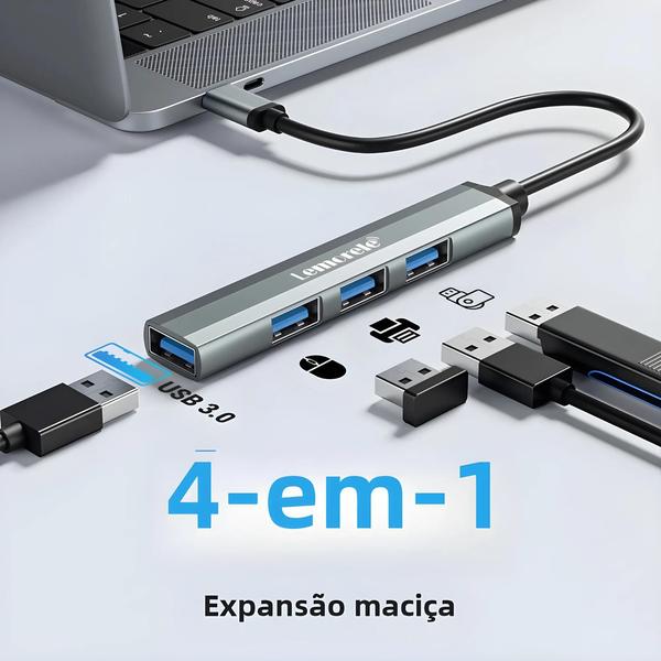 Imagem de Hub USB-C 4 Portas com Adaptador USB 3.0 OTG - Para MacBook Pro e Lenovo