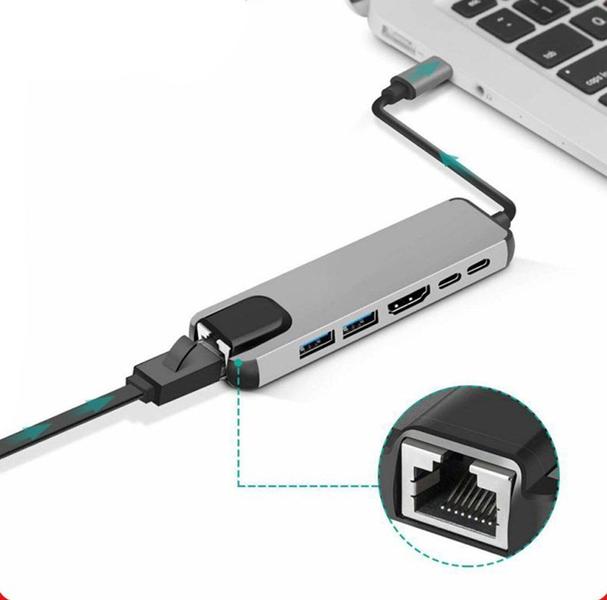 Imagem de Hub USB C 6 em 1 com 2 USB 3.0 1x USB-C 1x Ethernet 1xPD 1x HDMI 4k