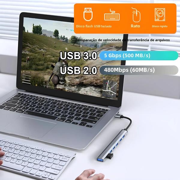 Imagem de Hub USB-C 7 Portas 3.0 - Alta Velocidade para PC, Laptop e MacBook