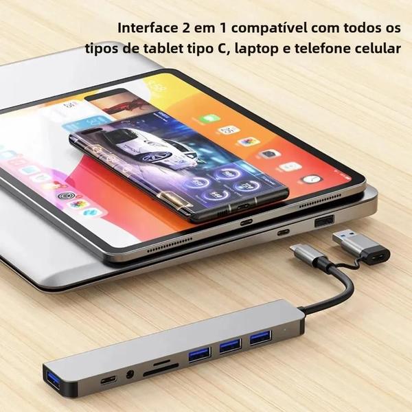 Imagem de Hub USB-C 8 em 2 - 4 Portas USB, Leitor de Cartões SD/TF e Saída de Áudio para Macbook