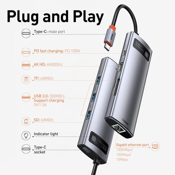 Imagem de Hub Usb-c 8em1 Baseus Tipo C Hdmi Rj45 P/macbook