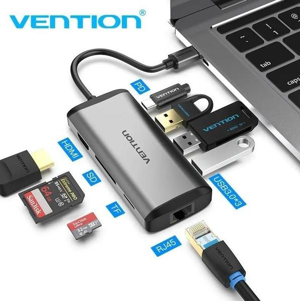 Imagem de Hub Usb C Usb-C Vention 8 Em 1 Usb 3X 3.0 Hdmi Rj45 Tf Sd Pd