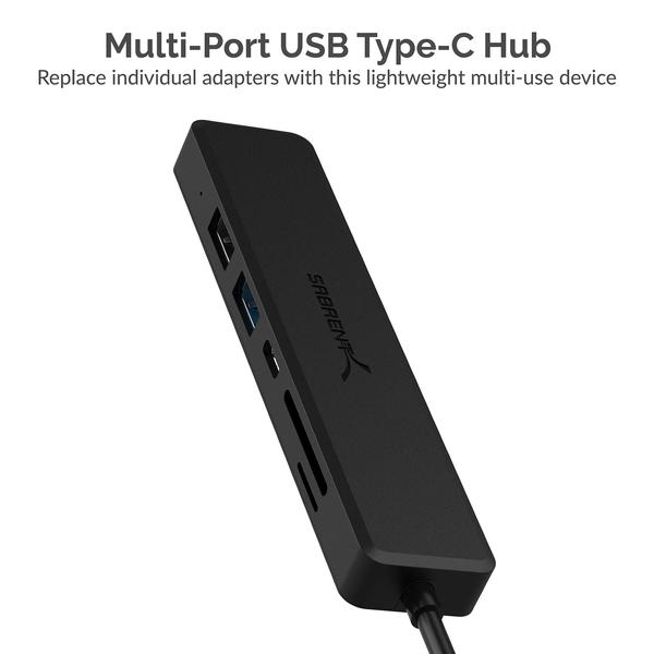 Imagem de Hub USB multi-porta-c Sabrent com  4K HDMI Entrega de energia (60 Watts)  1 porta USB 3.0  1 porta USB 2.0  Leitor de cartão SD/microSD (HB-TC6C)