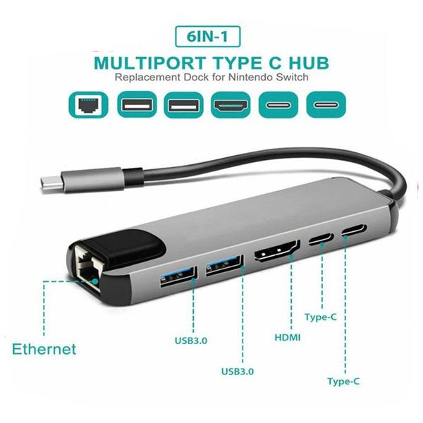 Imagem de Hub Usb Portátil 6 Em 1 Adaptador Tipo C Com 4k Rj45