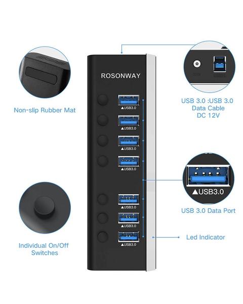 Imagem de Hub USB Rosonway de 7 portas 3.0 com adaptador de alimentação de 24 W para PC