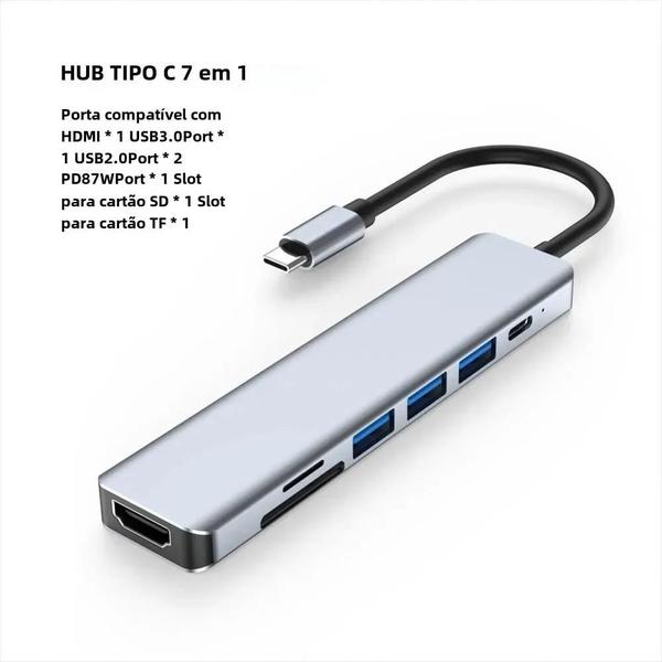 Imagem de Hub USB Tipo C 7 em 1 - 4K 30Hz - Estação de Acoplamento para Computadores