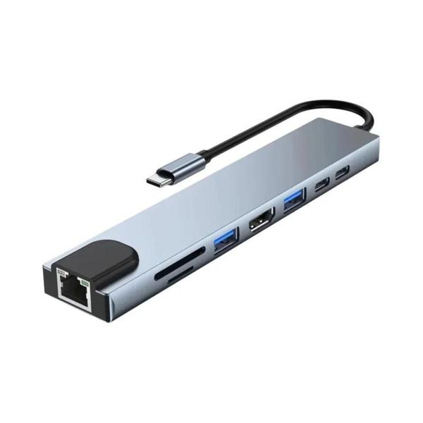 Imagem de Hub USB Tipo C 8 em 1 com HDMI 4K, Leitor de Cartão SD/TF, RJ45 e Carregamento PD Rápido para Macbook