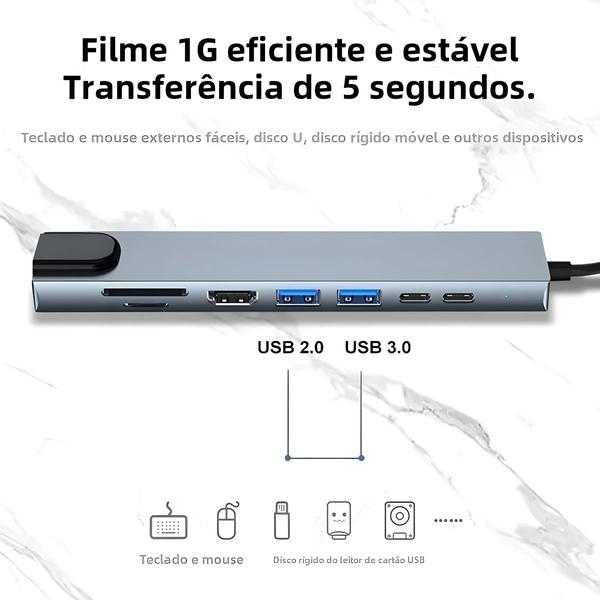 Imagem de Hub USB Tipo C 8 em 1 com HDMI 4K, Leitor de Cartões SD/TF, RJ45 e PD - Carregamento Rápido para Macbook e Notebooks