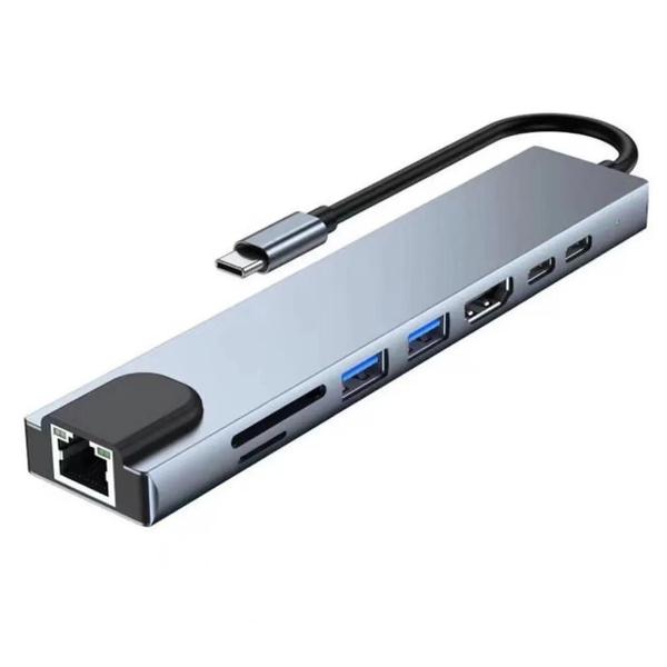 Imagem de Hub USB Tipo C 8 em 1 com HDMI 4K, Leitor de Cartões SD/TF, RJ45 e PD - Carregamento Rápido para Macbook e Notebooks