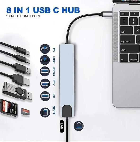 Imagem de Hub Usb Type-C 8 Em 1 Com Hdmi / Type-C / Usb 3.0 / Rj45