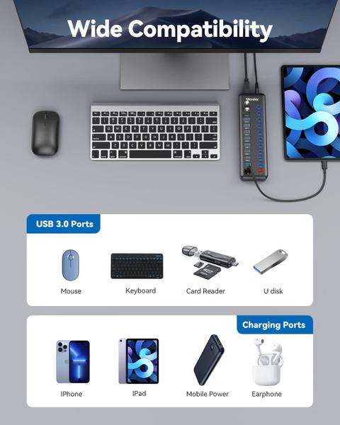 Imagem de Hub USB Wenter de 11 portas USB 3.0 com 10 portas de dados +1 carregamento