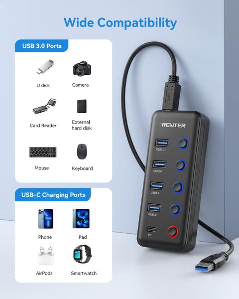 Imagem de Hub USB Wenter de 5 portas USB 3.0 com porta de carregamento tipo C