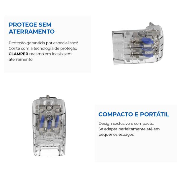 Imagem de iClamper Pocket Fit 3 Pinos 10A DPS Proteção contra Raios e Surtos Elétricos Mesmo Sem Aterramento Clamper Transparente