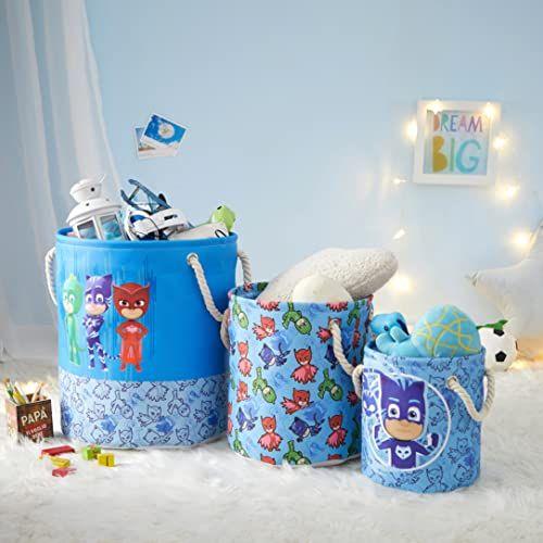 Imagem de Idea Nuova PJ Máscara 3 Peça Multi Size Tecido Nestable Toy Storage Basket Set, com alças de transporte de corda