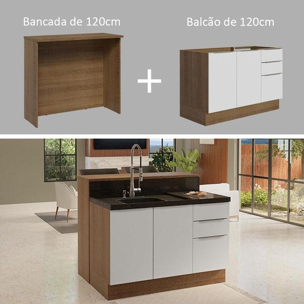 Imagem de Ilha de Cozinha com Bancada e Balcão 120 cm Rustic/Branco Stella Madesa