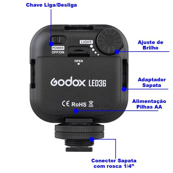 Imagem de Iluminador Led Pequeno Godox 5500K Para Vídeos, Câmeras Mirrorless e Filmadoras - 36 Leds