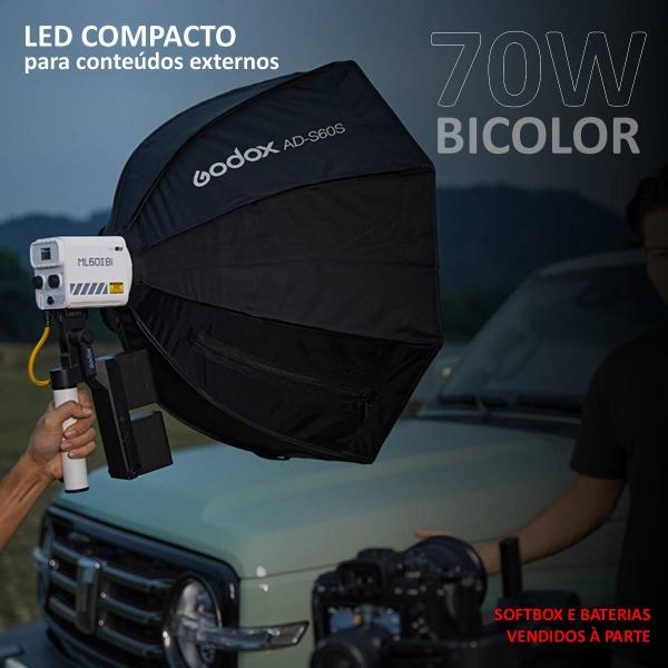 Imagem de Iluminador Led Ultra Compacto Godox Ml60ii Bi 70w Com Adaptador Para 2 Baterias Ak-b01