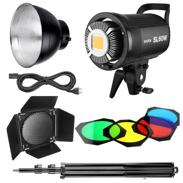 Imagem de Iluminador Luz Led Godox Sl60w Com Abas Colmeia 4 Gelatinas Bd-04 E Tripé