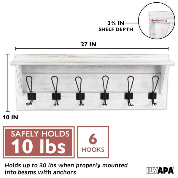 Imagem de Ilyapa White Coat Rack Wall Mount com prateleira - Rack de casaco de madeira com prateleira, 6 ganchos de metal - para chapéus, casacos, cozinha, quarto e muito mais - Branco Intemperado