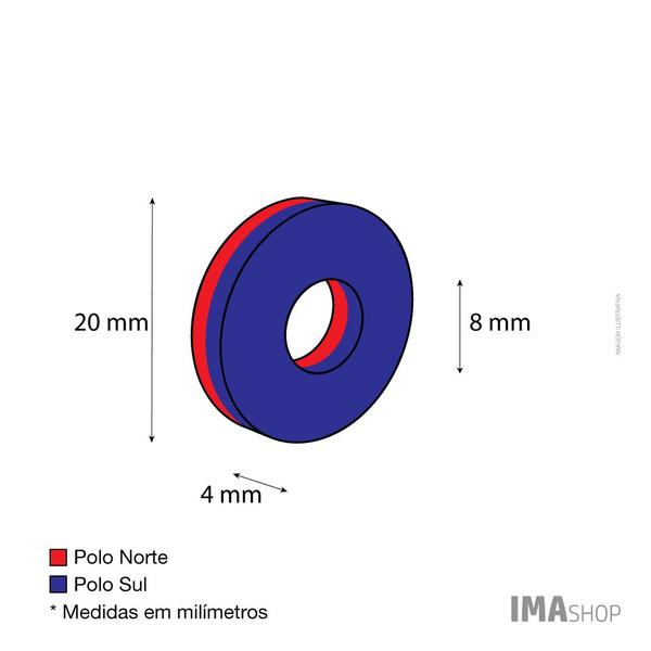 Imagem de Ímã Neodímio N35 Anel 20x8x4 mm Força Aprox. 4,5kg - 1 unidade