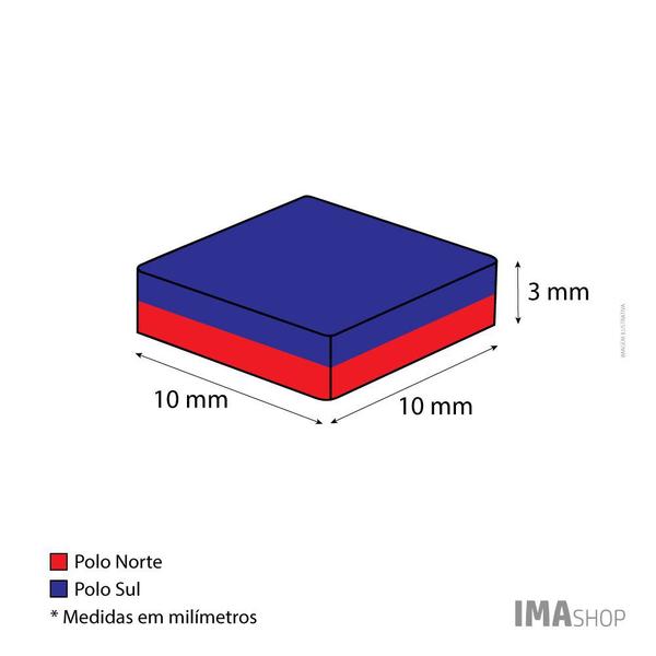 Imagem de Ímã Neodímio N35 Bloco 10x10x3 mm Força Aprox. 1,9kg 5 unidades