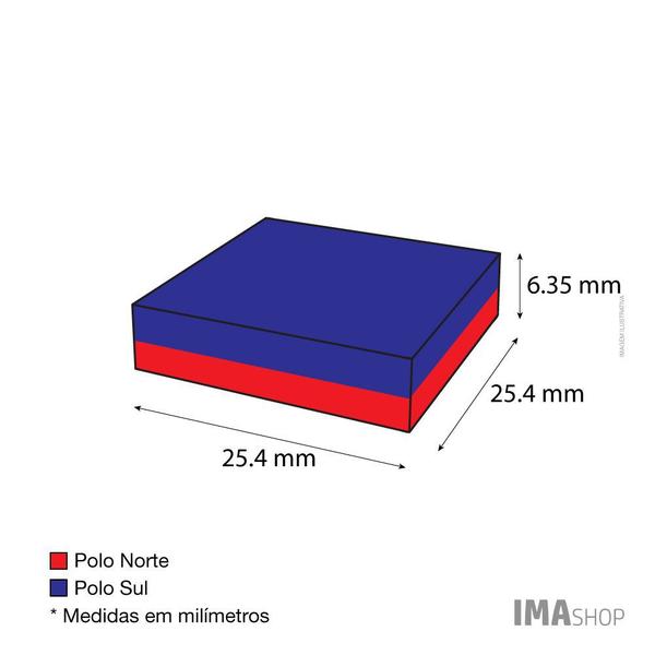 Imagem de Ímã Neodímio N35 Bloco 25,4x25,4x6,35 mm Força Aprox. 11,2kg - 1 unidade