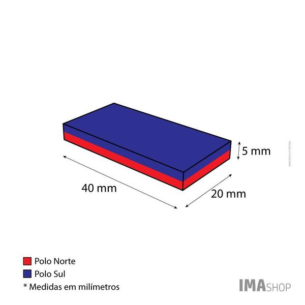 Imagem de Ímã Neodímio N35 Bloco 40x20x5 mm Força Aprox. 10,1kg - 5 unidades